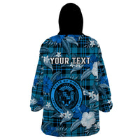 (Custom Personalised) Hawaii State Wearable Blanket Hoodie Tropical Flowers Mix Tartan Blue Version - Wonder Print Shop