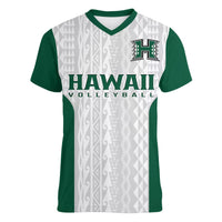 Women's v-neck volleyball T-shirt, white body with green sleeves and Hawaii Volleyball logo