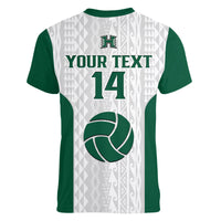 Women's v-neck volleyball T-shirt back, white pattern with YOUR TEXT 14 and volleyball graphic