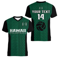 Women’s green v-neck volleyball tee with black sleeves; “HAWAII” front, “YOUR TEXT 14” back