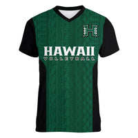 Women’s green v-neck volleyball t-shirt with black sleeves; “HAWAII VOLLEYBALL” chest graphic