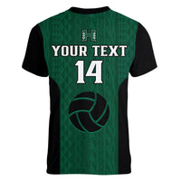 Women’s green v-neck volleyball tee with black sleeves; back shows “YOUR TEXT 14” and icon