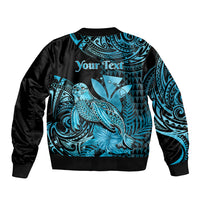 (Custom Personalised) Hawaii Monk Seal Sleeve Zip Bomber Jacket Polynesian Kakau With Kanaka Turquoise - Wonder Print Shop