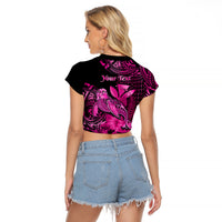 (Custom Personalised) Hawaii Monk Seal Raglan Cropped T Shirt Polynesian Kakau With Kanaka Pink - Wonder Print Shop