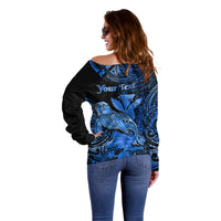 (Custom Personalised) Hawaii Monk Seal Off Shoulder Sweater Polynesian Kakau With Kanaka Blue - Wonder Print Shop