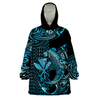 (Custom Personalised) Hawaii Hammerhead Shark Wearable Blanket Hoodie Polynesian Kakau With Kanaka Turquoise - Wonder Print Shop