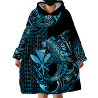 (Custom Personalised) Hawaii Hammerhead Shark Wearable Blanket Hoodie Polynesian Kakau With Kanaka Turquoise - Wonder Print Shop