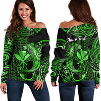 (Custom Personalised) Hawaii Hammerhead Shark Off Shoulder Sweater Polynesian Kakau With Kanaka Green - Wonder Print Shop