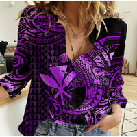 (Custom Personalised) Hawaii Hammerhead Shark Women Casual Shirt Polynesian Kakau With Kanaka Purple - Wonder Print Shop