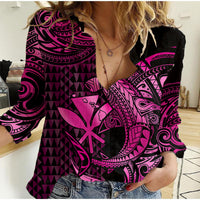 (Custom Personalised) Hawaii Hammerhead Shark Women Casual Shirt Polynesian Kakau With Kanaka Pink - Wonder Print Shop