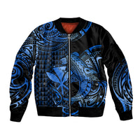 (Custom Personalised) Hawaii Hammerhead Shark Sleeve Zip Bomber Jacket Polynesian Kakau With Kanaka Blue - Wonder Print Shop
