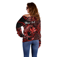 (Custom Personalised) Hawaii Hammerhead Shark Off Shoulder Sweater Polynesian Kakau With Kanaka Red - Wonder Print Shop