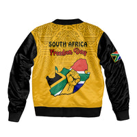 South Africa Sleeve Zip Bomber Jacket African Pattern Happy Freedom Day Yellow Version - Wonder Print Shop
