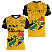 (Custom Personalised) South Africa Women V Neck T Shirt African Pattern Happy Freedom Day Yellow Version - Wonder Print Shop