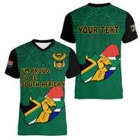 (Custom Personalised) South Africa Women V Neck T Shirt African Pattern Happy Freedom Day Green Version - Wonder Print Shop