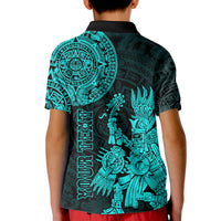 Custom Mexico Aztec Polo Shirt for Kid El Calendario Maya Mix Huitzilopochtli Turquoise - Wonder Print Shop