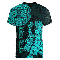 (Custom Personalised) Mexico Aztec Women V Neck T Shirt El Calendario Maya Mix Huitzilopochtli Turquoise - Wonder Print Shop