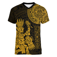 (Custom Personalised) Mexico Aztec Women V Neck T Shirt El Calendario Maya Mix Huitzilopochtli Gold - Wonder Print Shop