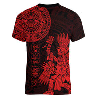 (Custom Personalised) Mexico Aztec Women V Neck T Shirt El Calendario Maya Mix Huitzilopochtli Red - Wonder Print Shop