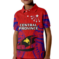Kids red polo shirt with blue sleeves and Central Province graphic front
