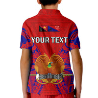 Kids red polo shirt back with 'YOUR TEXT' and bird crest, blue pattern sleeves