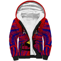 Unisex red sherpa hoodie with blue Polynesian pattern, black zipper trim, white hood lining