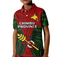 Kids red polo shirt with green sleeves, button collar, Chimbu Province front graphic