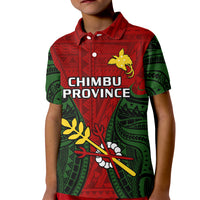 Kid red and green polo shirt with front emblem and tribal pattern, button collar
