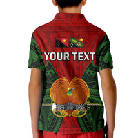 Kid red and green polo shirt with back graphic, flag squares, and 'YOUR TEXT'