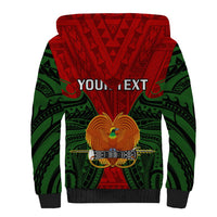 Sherpa hoodie with red-and-green tribal back, YOUR TEXT, central bird emblem