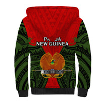 Sherpa hoodie back with red center, Papua New Guinea text and bird emblem, green patterns