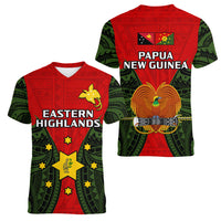 Papua New Guinea Women V Neck T Shirt Eastern Highlands Province Mix Coat Of Arms Polynesian Art - Wonder Print Shop