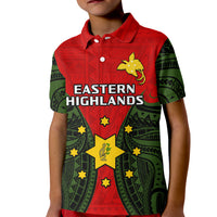 Kids red polo shirt with green sleeves, Eastern Highlands print and rooster emblem