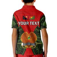 Kids red polo shirt with green patterned sleeves, back graphic with YOUR TEXT