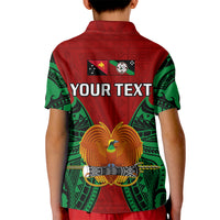 Kids red polo shirt back with green patterns, flags, and "YOUR TEXT" print