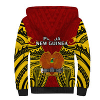 Papua New Guinea sherpa hoodie, red hood back with yellow tribal print and emblem