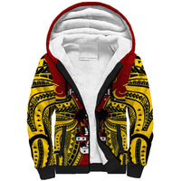 Red sherpa hoodie with black trim, yellow tribal design, front pocket