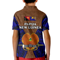 Kids polo shirt with blue sides and 'Papua New Guinea' back text, eagle crest
