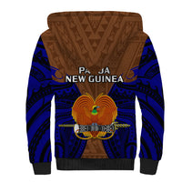 Unisex sherpa hoodie with large chest print, blue and brown tribal crest, black cuffs