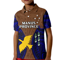 Kids brown polo shirt with blue sleeves and "MANUS PROVINCE" graphic with stars