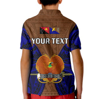 Kids brown polo shirt back with blue pattern, flags, and "YOUR TEXT" print