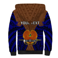 Sherpa hoodie with 'YOUR TEXT' graphic, brown panel, blue tribal sleeves, black cuffs