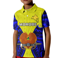 Kids yellow polo shirt with blue sleeves, Morobe print and bird crest