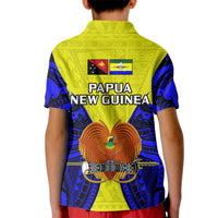 Kids back polo shirt, yellow with blue sleeves, Papua New Guinea text and crest