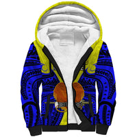 Yellow sherpa hoodie with white hood lining, black zipper, blue tribal center print