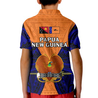 Kids orange polo with blue sleeves, Papua New Guinea text and crest on back