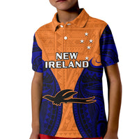 Kids orange polo shirt with dark blue sleeves, NEW IRELAND graphic and stars