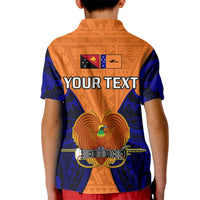 Kids orange polo shirt with dark blue sleeves, back crest with YOUR TEXT