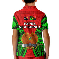 Kids polo shirt with red and green back design, 'PAPUA NEW GUINEA' text and central emblem