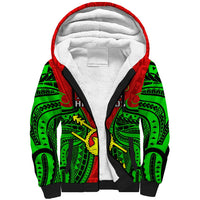 Unisex sherpa hoodie, red hood lining, green tribal front print, black drawstrings